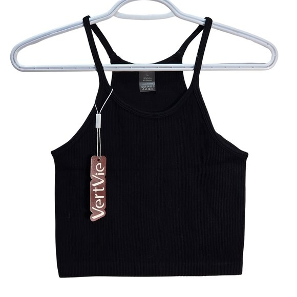 3/$25 NWT | Black Ribbed Knit Cropped Racerback Camisole Tank Top | Large - Picture 1 of 4